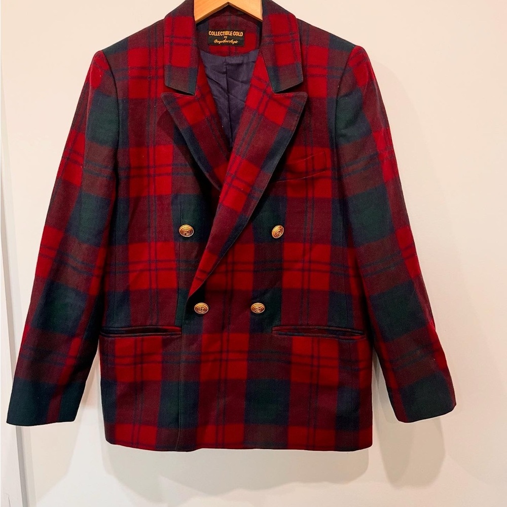 Red and Green Plaid Blazer with Gold Buttons Vintage